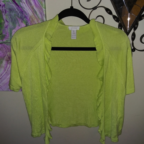 Chico's Bright Green Ruffle Cardigan - Picture 2 of 3